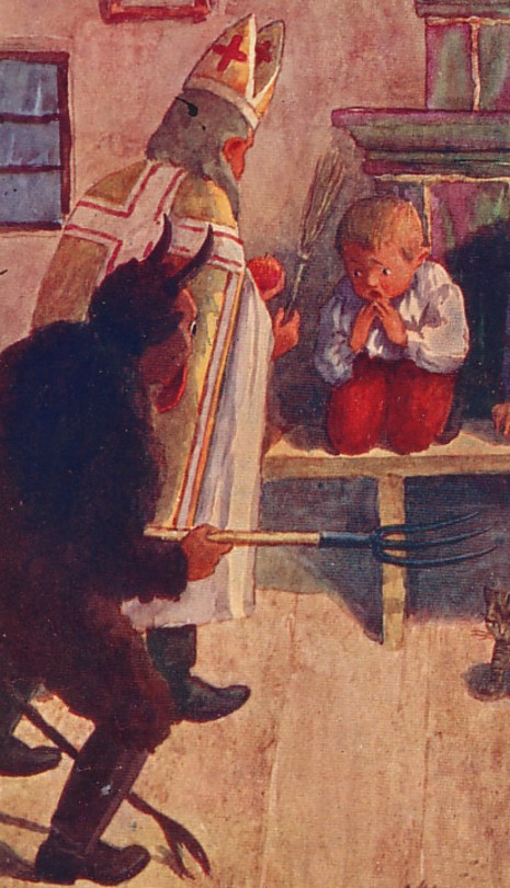 Saint Nicolas and Krampus in 1900. Image Public Domain via Wikimedia Commons